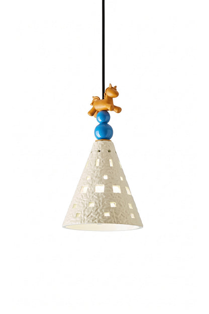 Whimsy Ceramic & Resin Pendant Light, unique tapered ceramic light fixture with geometric cutouts.
