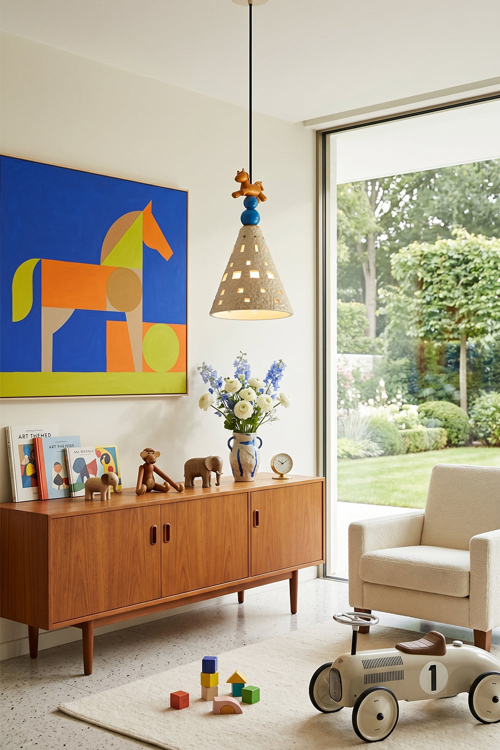 Whimsy Ceramic & Resin Pendant Light hanging in a children's room with colorful decor and natural light.