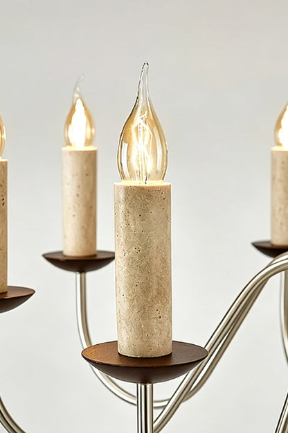 Winslow Travertine Candelabra Chandelier | Natural Travertine and Metal | Close-up view of the candle sleeves made of travertine stone | vexa lamps