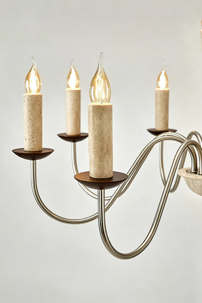 Winslow Travertine Candelabra Chandelier | Natural Travertine and Metal | Side close-up highlighting candle bulbs and brass bobeches | vexa lamps