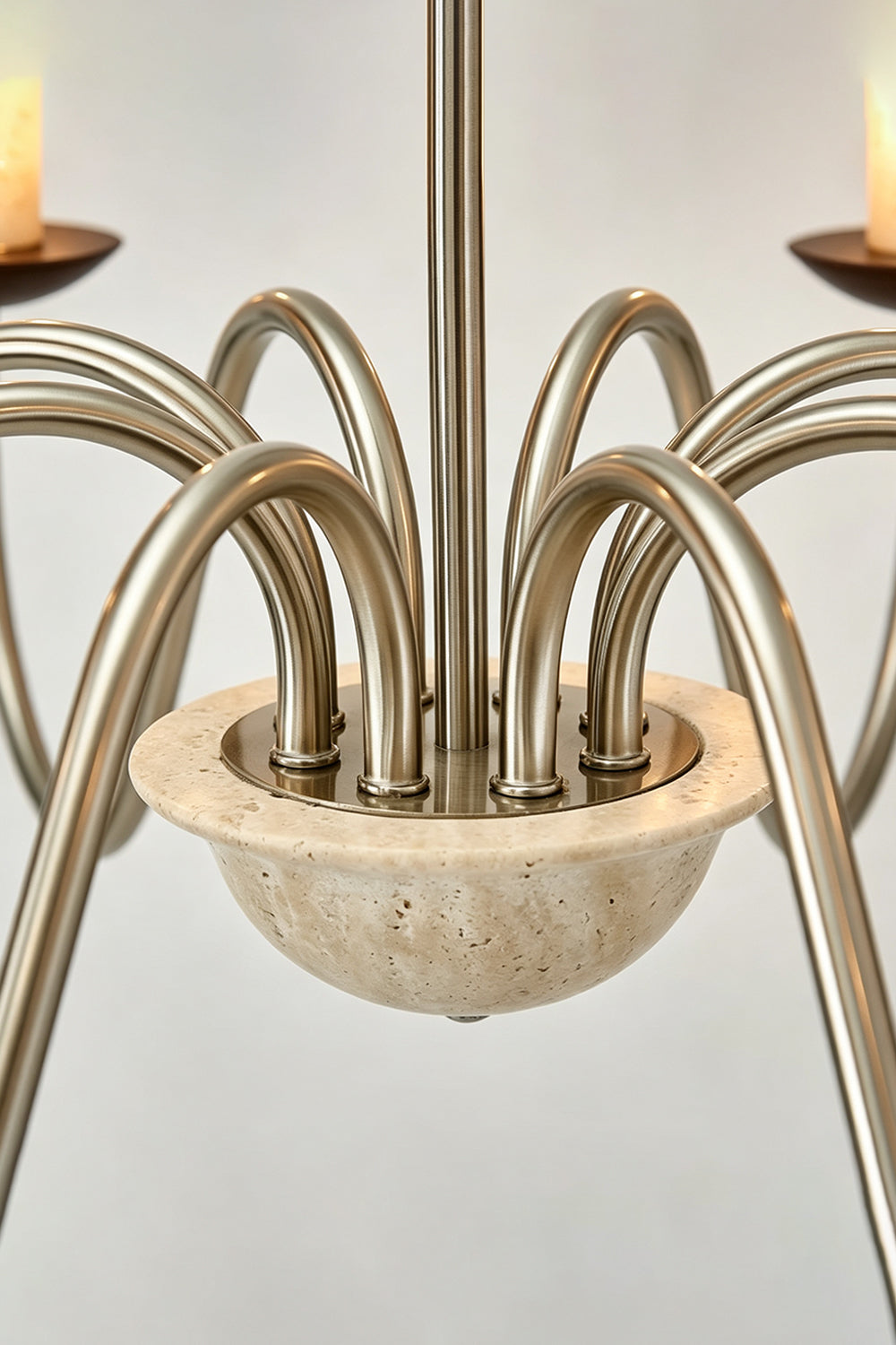 Winslow Travertine Candelabra Chandelier | Natural Travertine and Metal | Detail shot showing the central travertine bowl and curved metal arms | vexa lamps