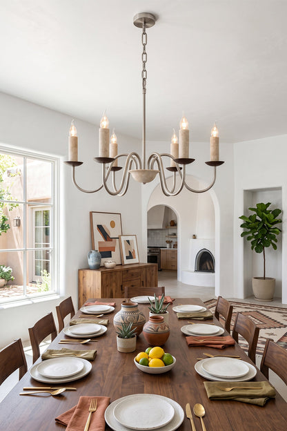 Winslow Travertine Candelabra Chandelier | Natural Travertine and Metal | Centered above a long wooden table in a formal dining space | vexa lamps