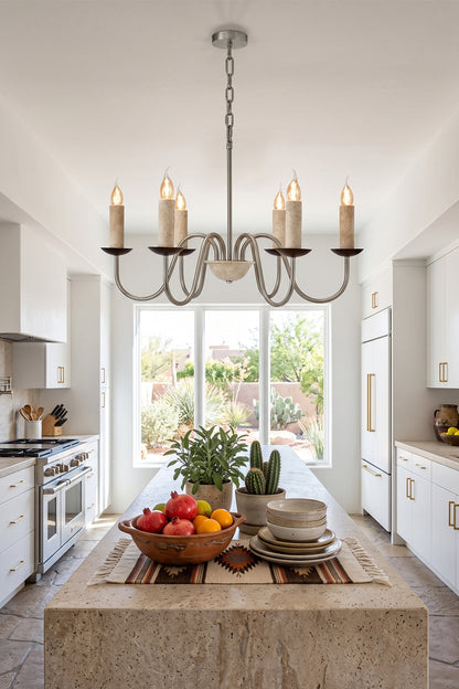 Winslow Travertine Candelabra Chandelier | Natural Travertine and Metal | Suspended over a stone kitchen island in a modern kitchen | vexa lamps