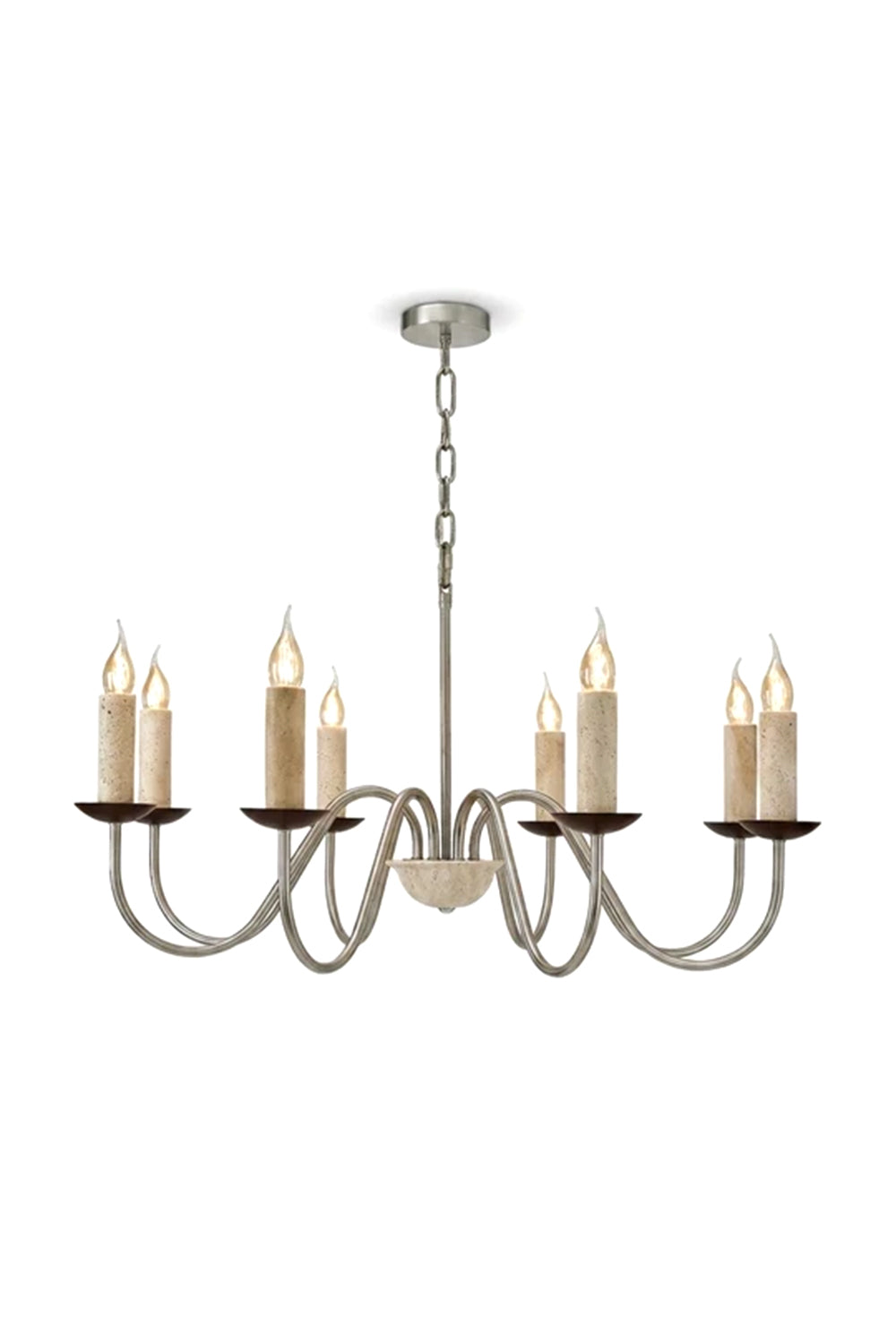 Winslow Travertine Candelabra Chandelier | Natural Travertine and Metal | Front full view on a pure white background, illuminated | vexa lamps