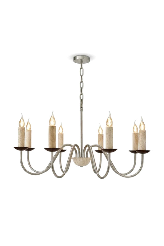 Winslow Travertine Candelabra Chandelier | Natural Travertine and Metal | Front full view on a pure white background, illuminated | vexa lamps