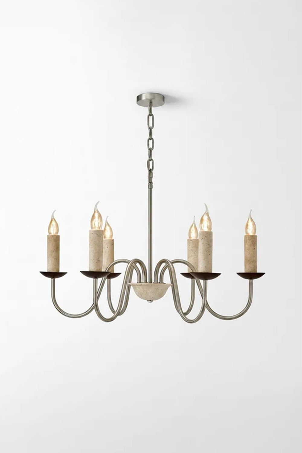 Winslow Travertine Candelabra Chandelier | Natural Travertine and Metal | Full view displayed on a plain white background | vexa lamps