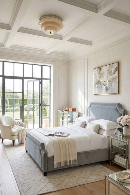 Ziggurat Horizon Glass Ceiling Light illuminating a stylish bedroom with modern decor and natural light.