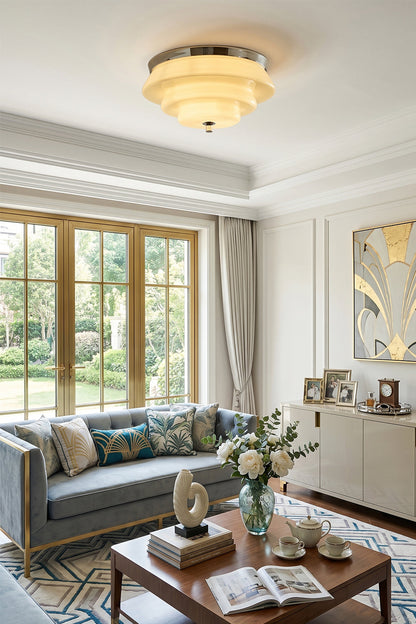 Ziggurat Horizon Glass Ceiling Light illuminating a stylish living room with modern decor.