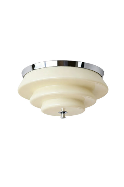 Ziggurat Horizon Glass Ceiling Light featuring a three-tiered design with a polished chrome collar and translucent glass.