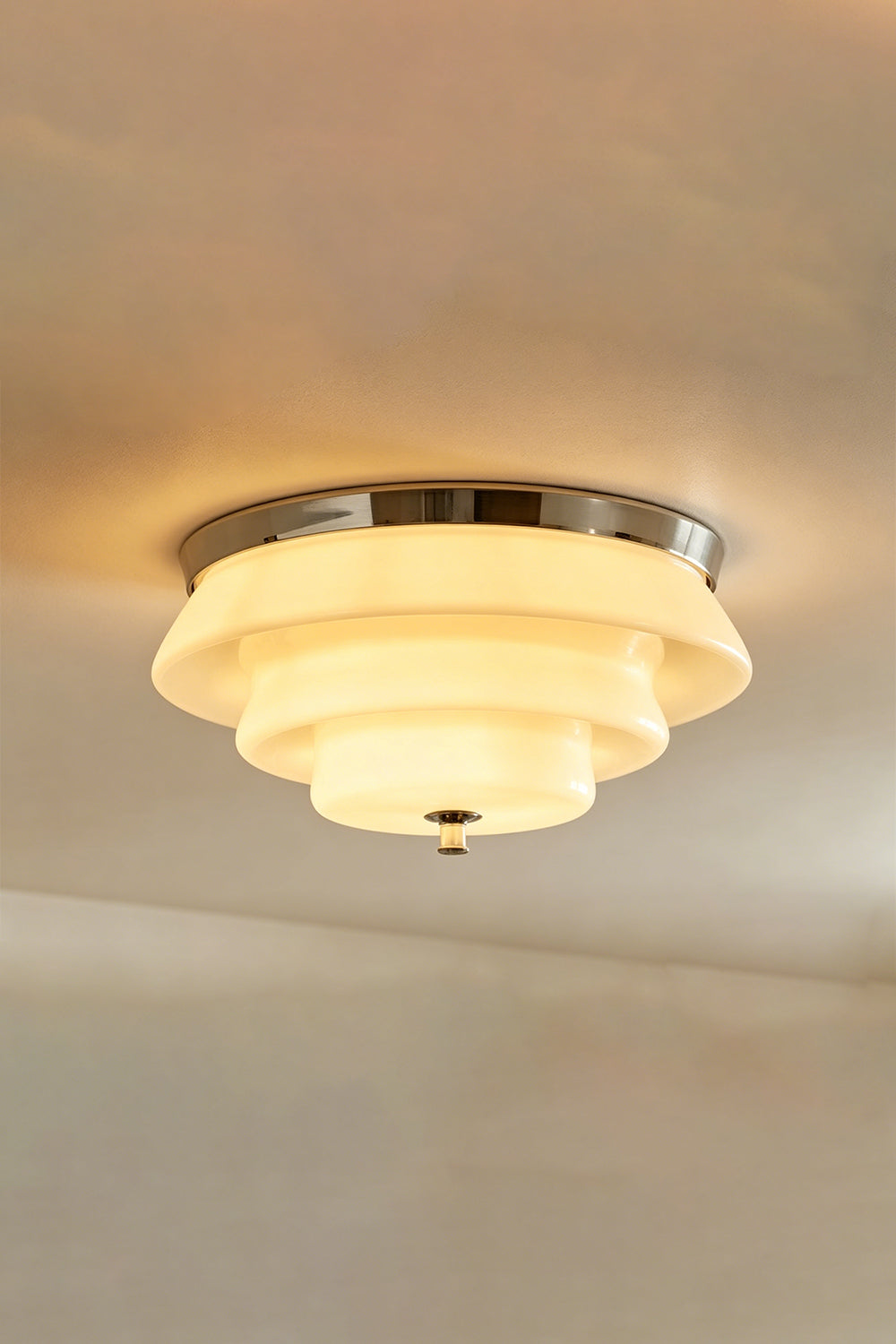 Ziggurat Horizon Glass Ceiling Light showcasing a three-tiered glass shade with a chrome collar, ideal for elegant decor.
