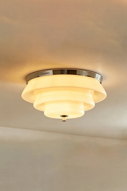 Ziggurat Horizon Glass Ceiling Light showcasing a three-tiered glass shade with a chrome collar, ideal for elegant decor.