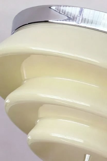 Ziggurat Horizon Glass Ceiling Light showcasing its elegant three-tiered glass shade and polished chrome collar.