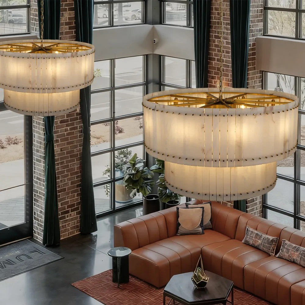 Zora Round Slat Alabaster 2 Tier Drum Chandelier 37”D
