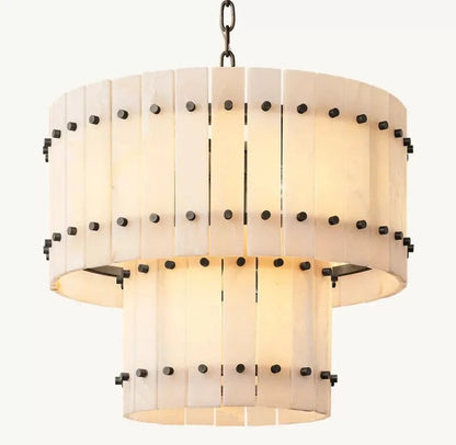 Zora Round Slat Alabaster 2 Tier Drum Chandelier 22”D