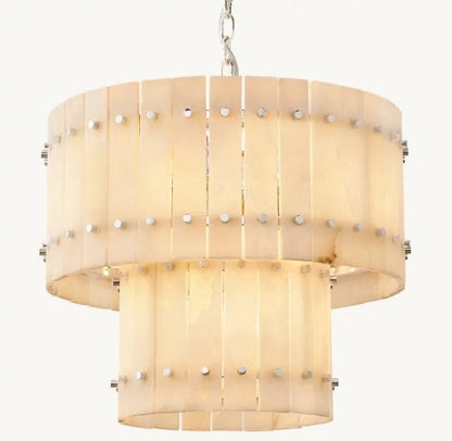 Zora Round Slat Alabaster 2 Tier Drum Chandelier 22”D
