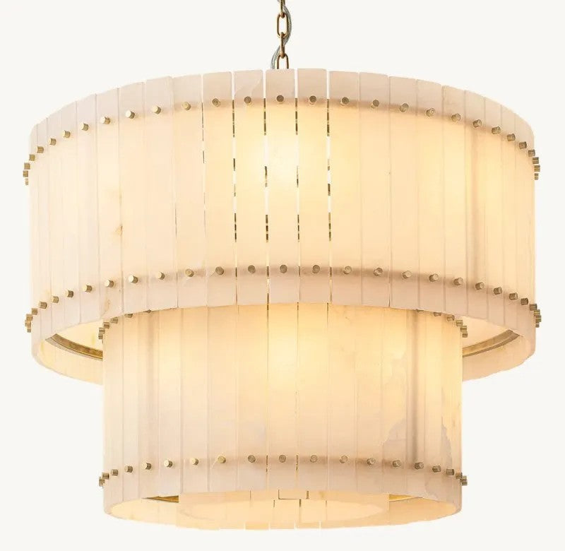 Zora Round Slat Alabaster 2 Tier Drum Chandelier 22”D