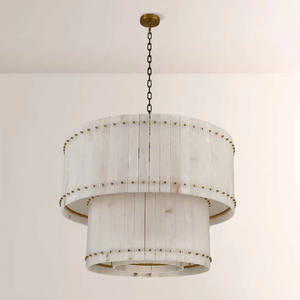 Zora Round Slat Alabaster 2 Tier Drum Chandelier 22”D