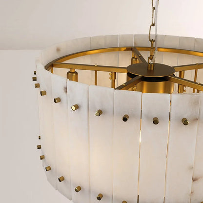 Zora Round Slat Alabaster 2 Tier Drum Chandelier 22”D