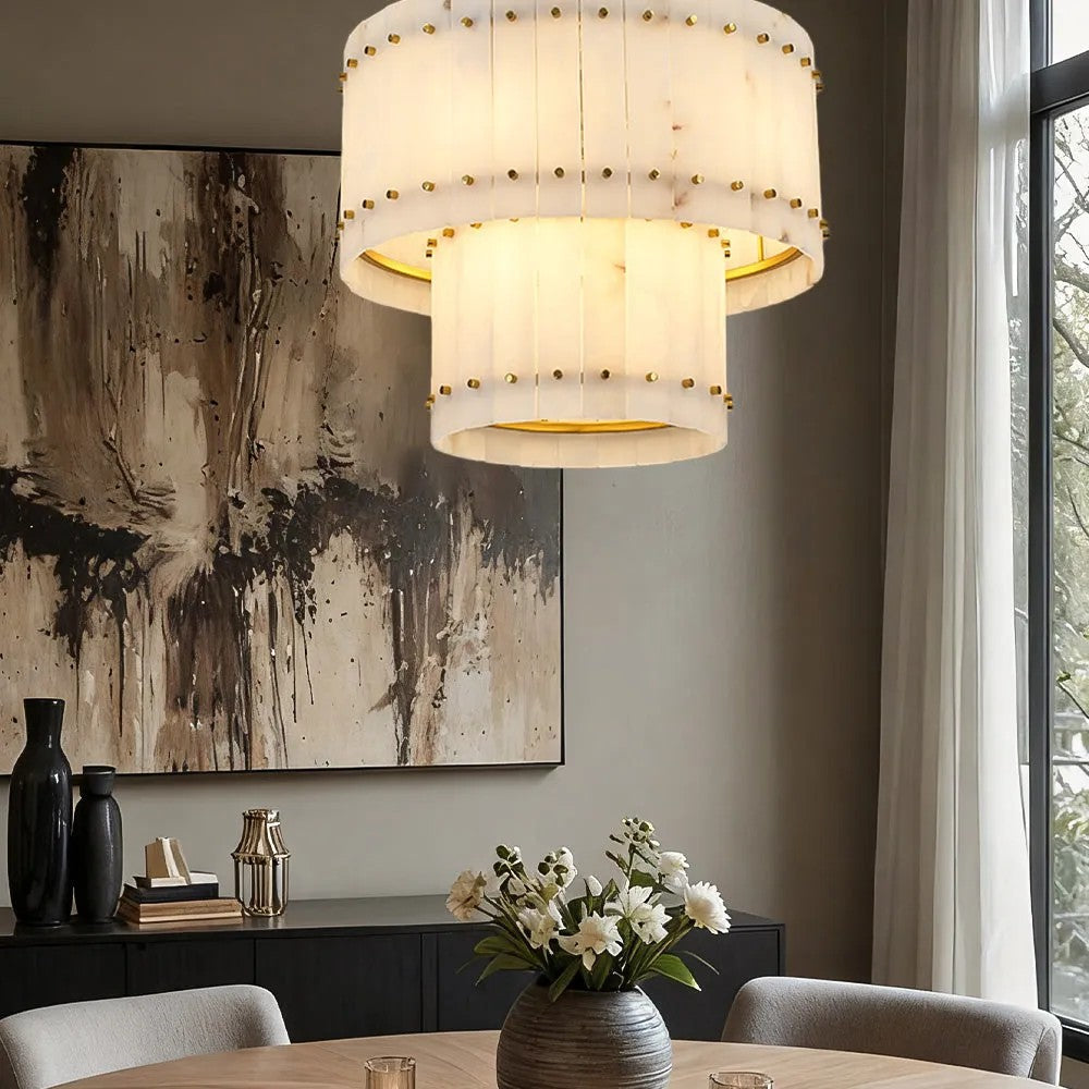 Zora Round Slat Alabaster 2 Tier Drum Chandelier 37”D