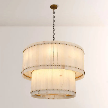 Zora Round Slat Alabaster 2 Tier Drum Chandelier 37”D