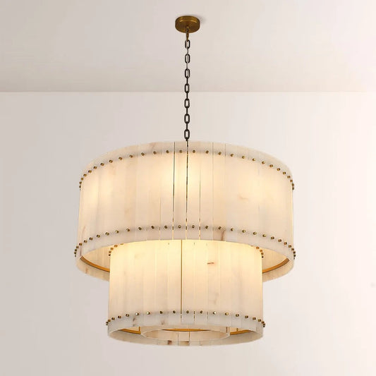 Zora Round Slat Alabaster 2 Tier Drum Chandelier 37”D