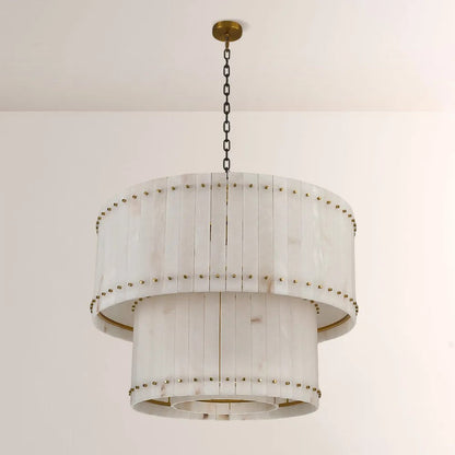 Zora Round Slat Alabaster 2 Tier Drum Chandelier 37”D