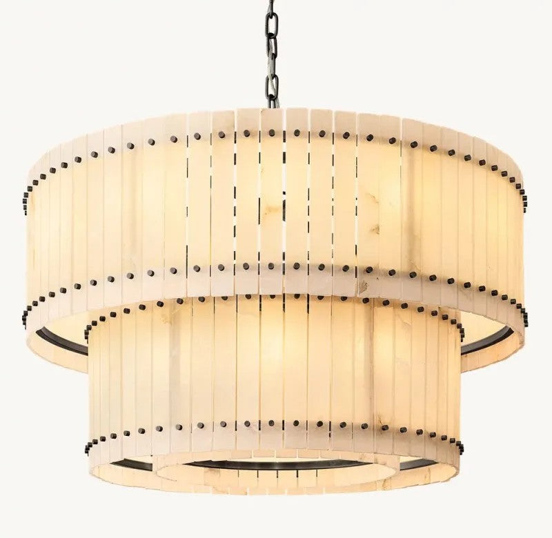 Zora Round Slat Alabaster 2 Tier Drum Chandelier 48”D
