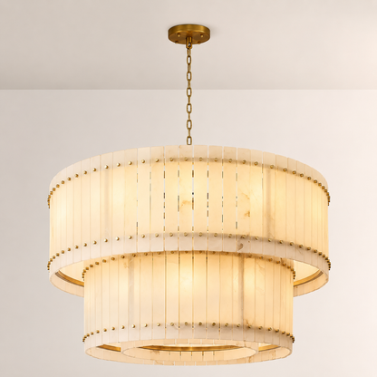 Zora Round Slat Alabaster 2 Tier Drum Chandelier 48”D