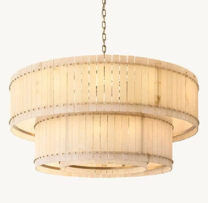 Zora Round Slat Alabaster 2 Tier Drum Chandelier 60”D