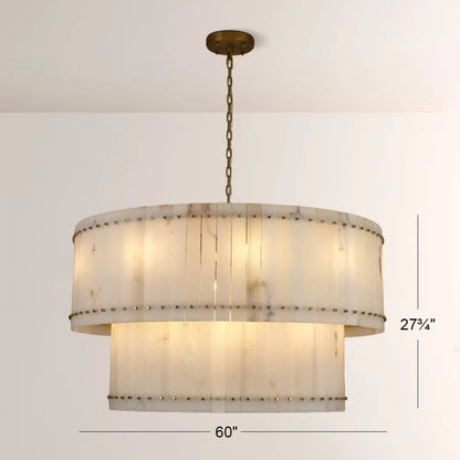 Zora Round Slat Alabaster 2 Tier Drum Chandelier 60”D