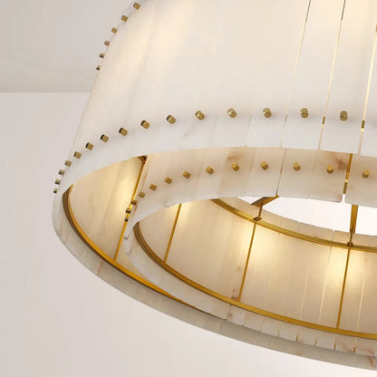 Zora Round Slat Alabaster 2 Tier Drum Chandelier 60”D