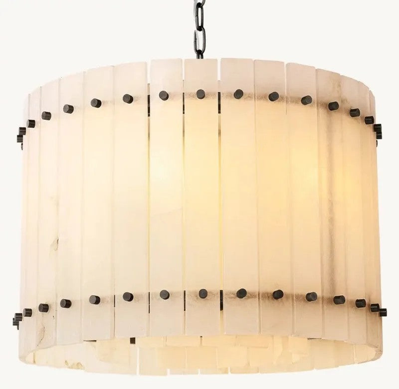 Zora Round Slat Alabaster Drum Chandelier 48”D