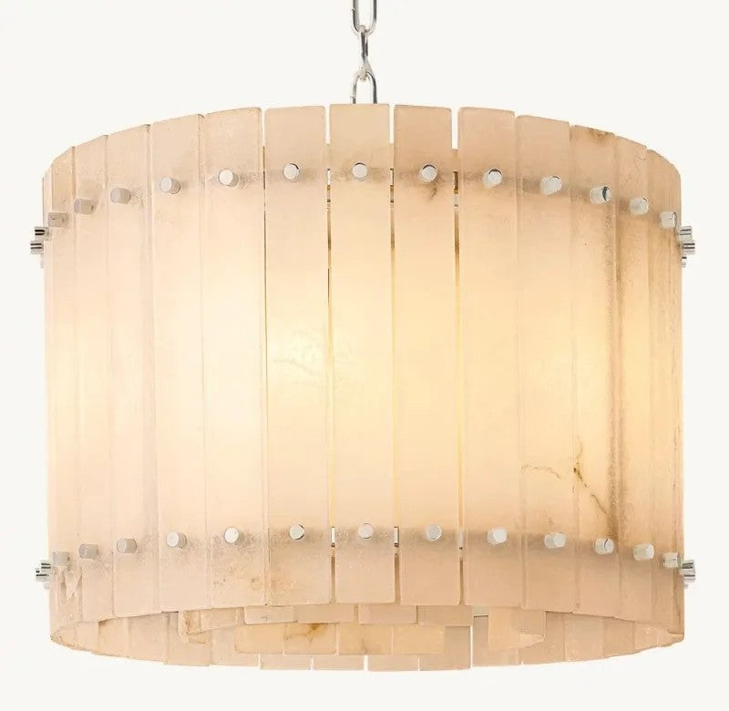 Zora Round Slat Alabaster Drum Chandelier 48”D
