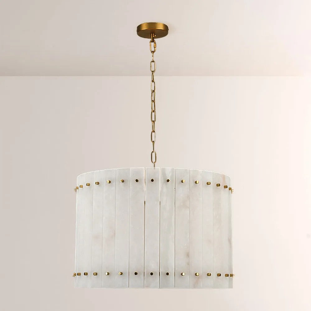 Zora Round Slat Alabaster Drum Chandelier 22”D