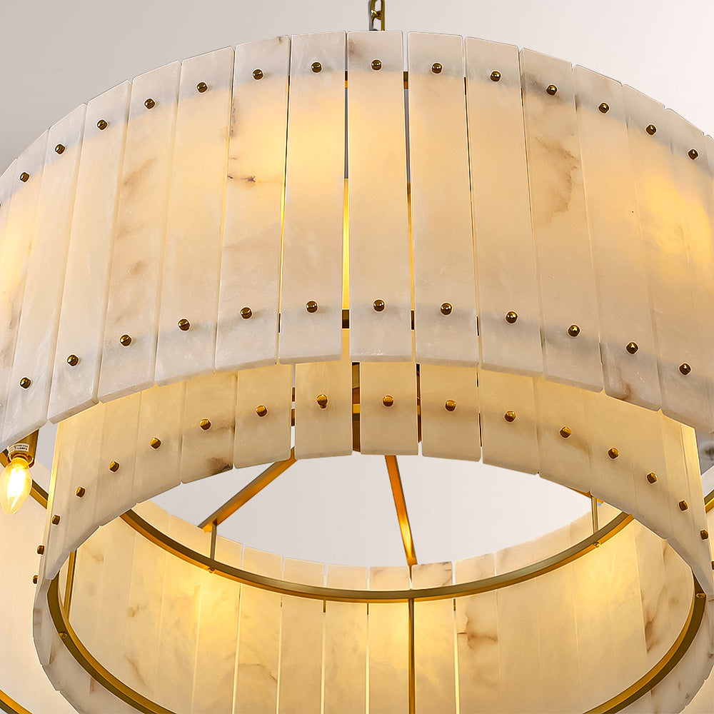 Zora Round Slat Alabaster Drum Chandelier 60”D