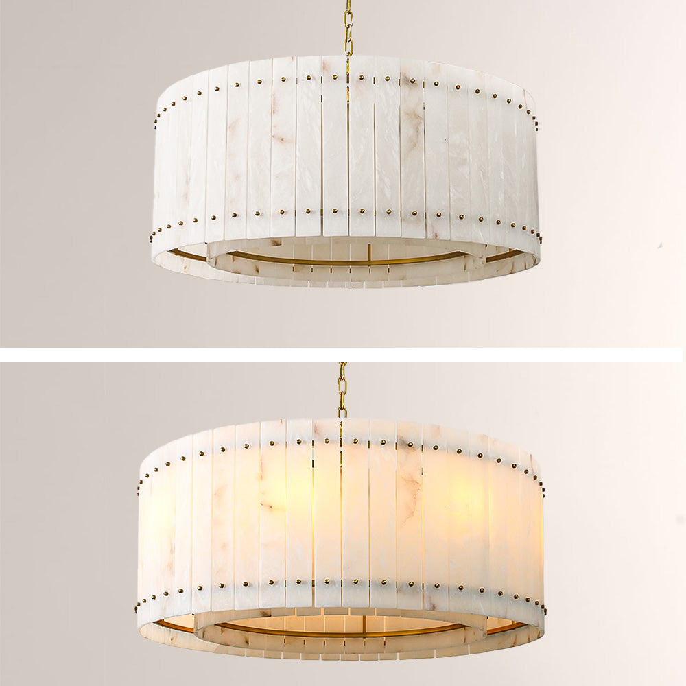 Zora Round Slat Alabaster Drum Chandelier 60”D