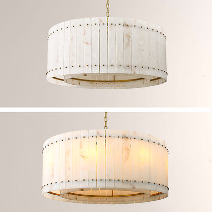 Zora Round Slat Alabaster Drum Chandelier 48”D
