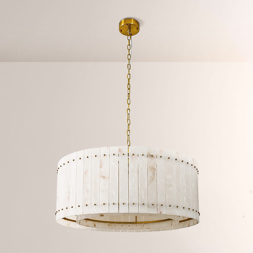 Zora Round Slat Alabaster Drum Chandelier 37”D