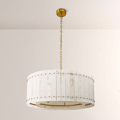 Zora Round Slat Alabaster Drum Chandelier 37”D