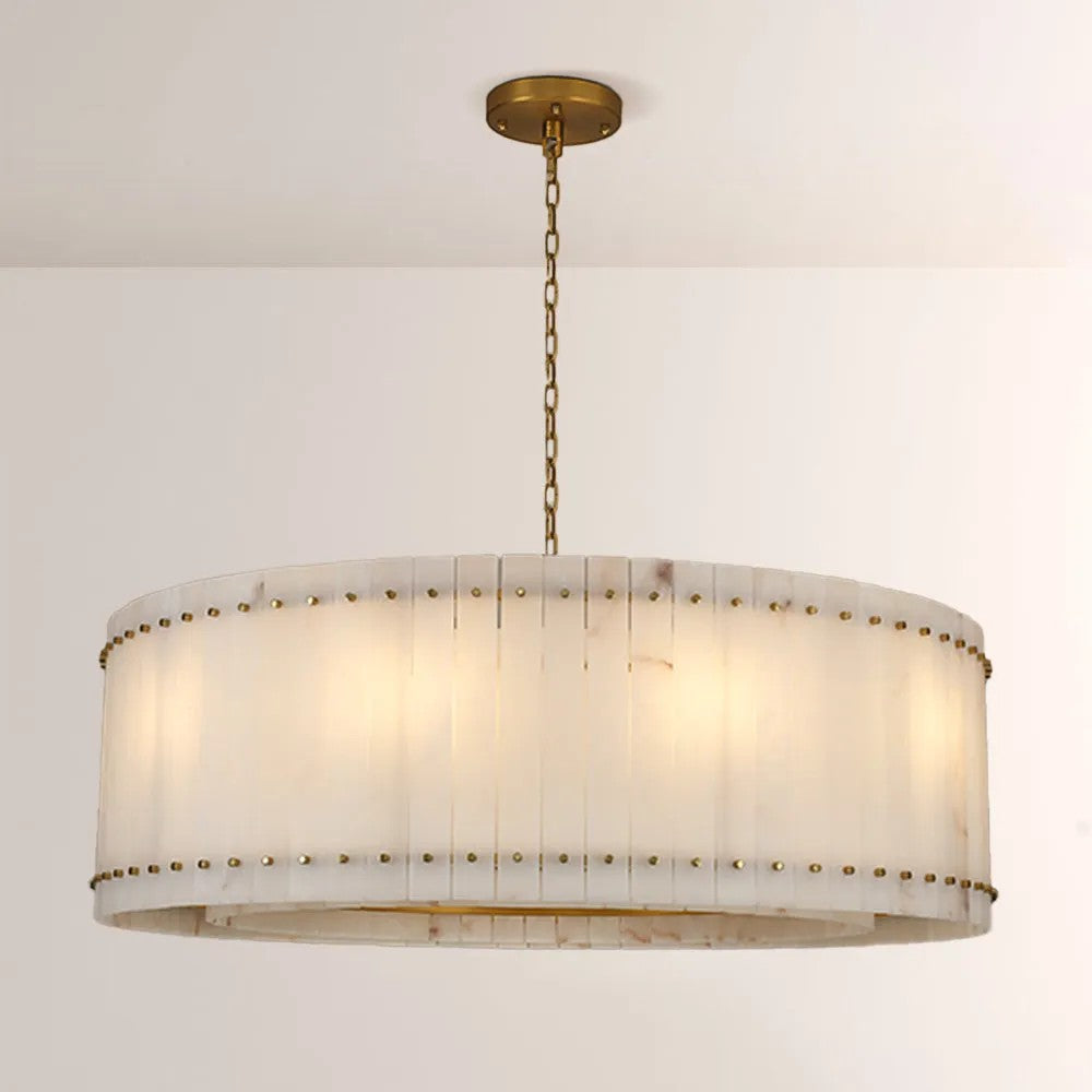 Zora Round Slat Alabaster Drum Chandelier 48”D