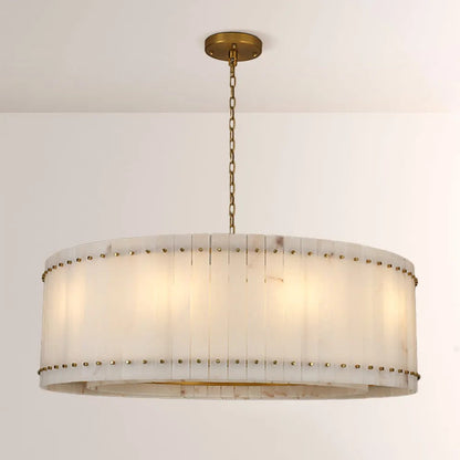 Zora Round Slat Alabaster Drum Chandelier 48”D