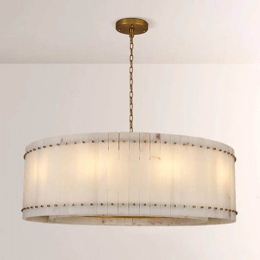 Zora Round Slat Alabaster Drum Chandelier 48”D