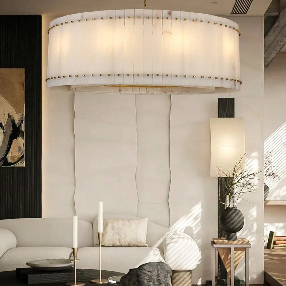 Zora Round Slat Alabaster Drum Chandelier 48”D