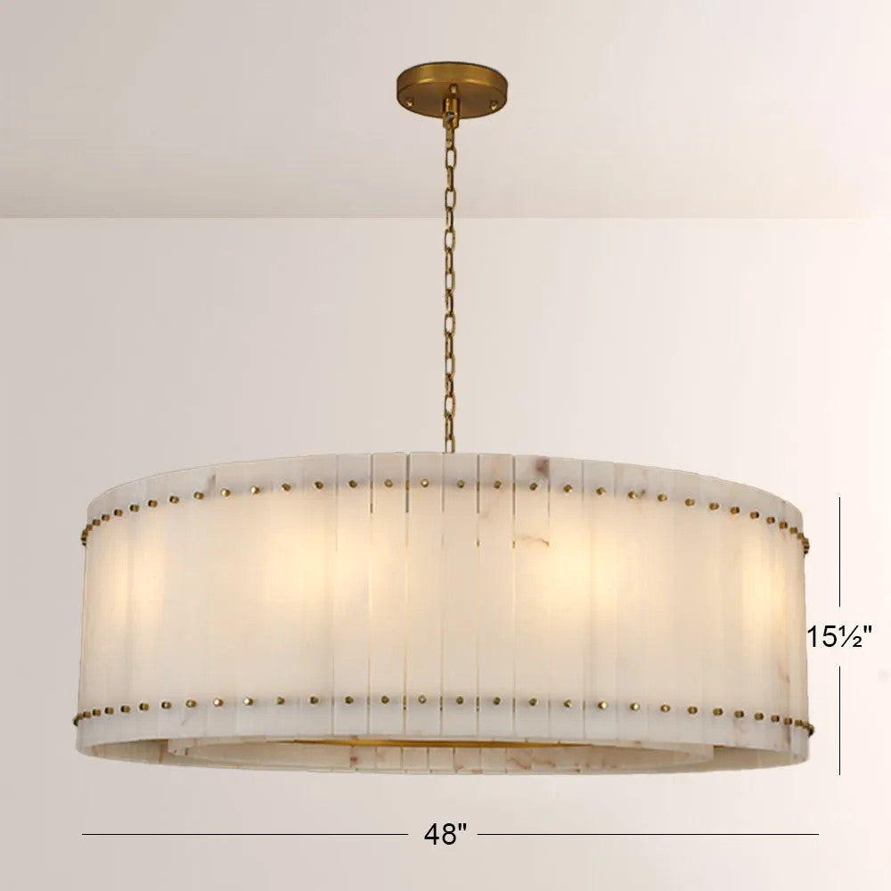 Zora Round Slat Alabaster Drum Chandelier 48”D