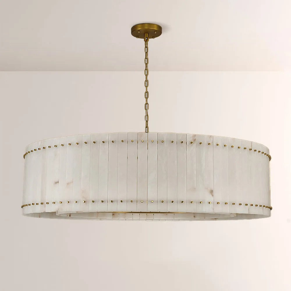Zora Round Slat Alabaster Drum Chandelier 60”D