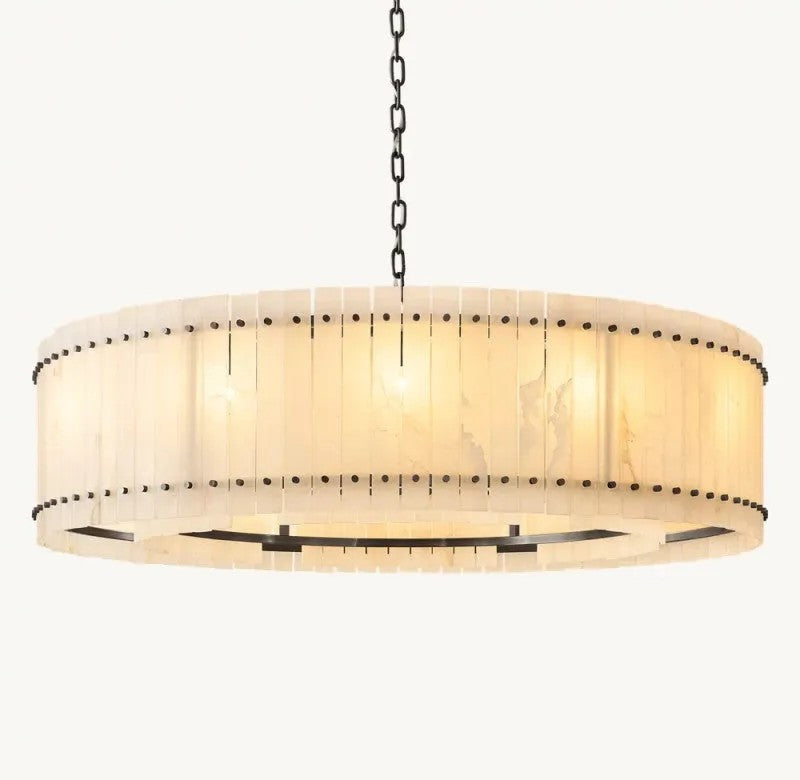 Zora Round Slat Alabaster Drum Chandelier 60”D