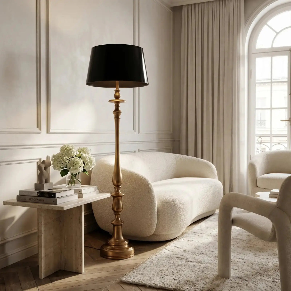 Alden Antique Brass Floor Lamp with Black Fabric Shade