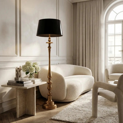 Alden Antique Brass Floor Lamp with Black Fabric Shade