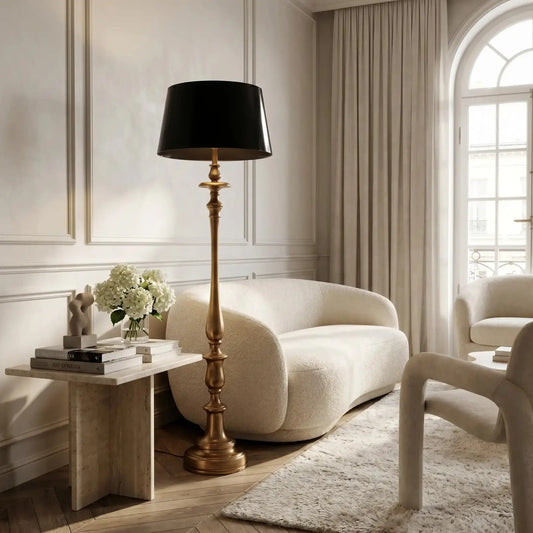 Alden Antique Brass Floor Lamp with Black Fabric Shade