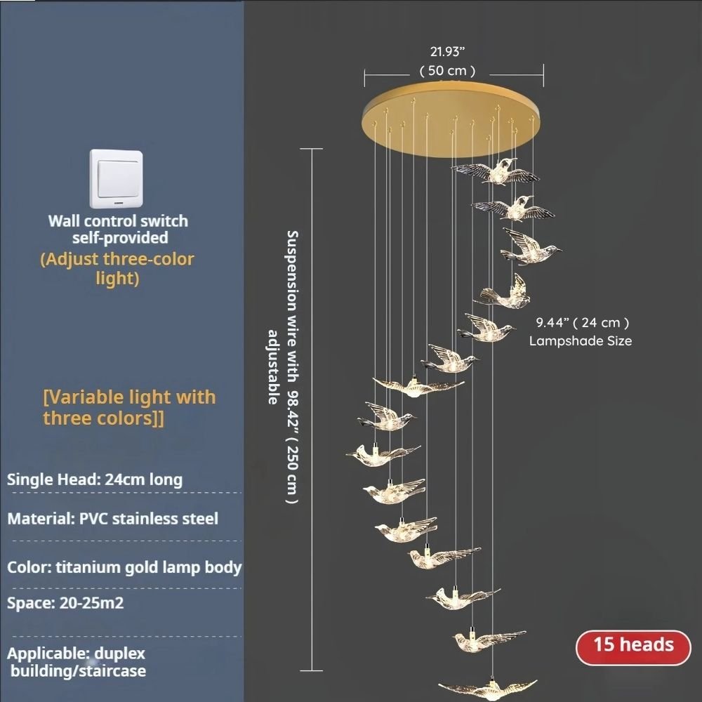 Bird Spiral Long Led Chandelier for Staircase and Foyer - Gold6 LightsCool white 6000Keverlamps
